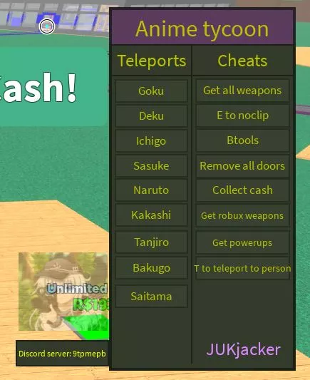 Anime Tycoon [Teleports, Collect Cash, Give all Weapons] Scripts