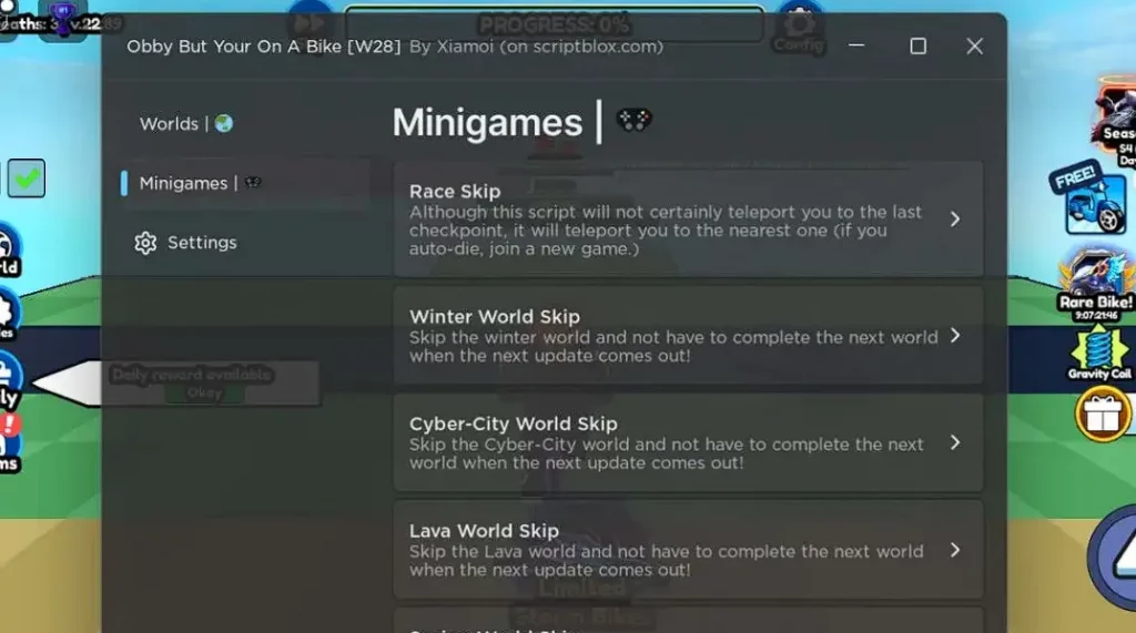 Obby But You’re on a Bike Script – (Race Skip, Winter World Skip)